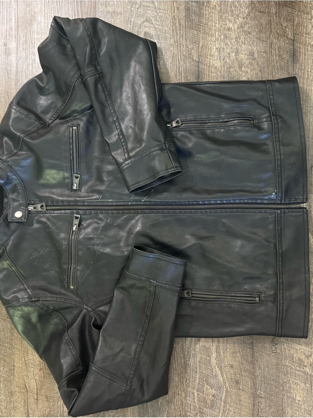G by Guess Black Leather Bomber Jacket with Zip Pockets